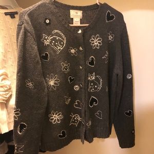 Vintage Women Cardigan Sweater Lovely Embroidered Cat Design
